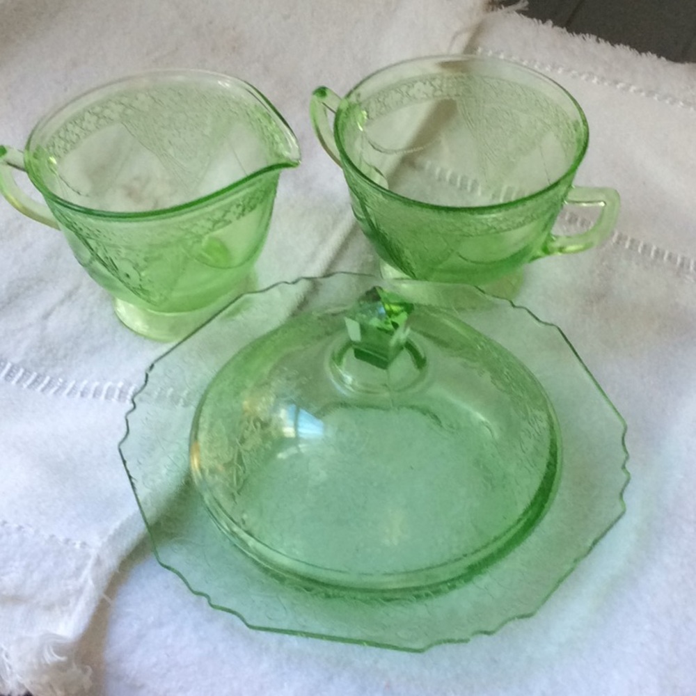 Vintage Green glass Cream,Sugar & Butter dish